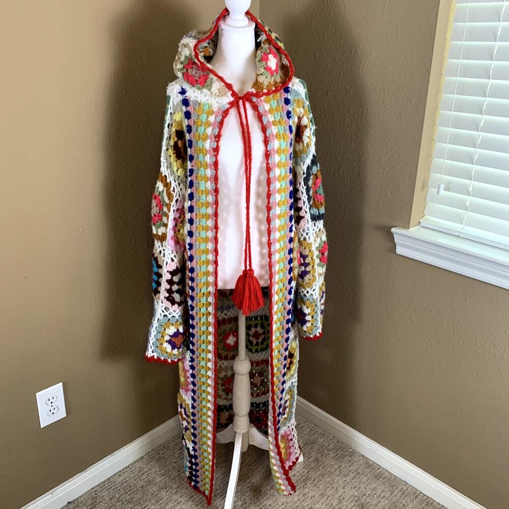 Vintage Style Granny Square Crochet Hooded Cardigan Boho Hippie Festival Sweater